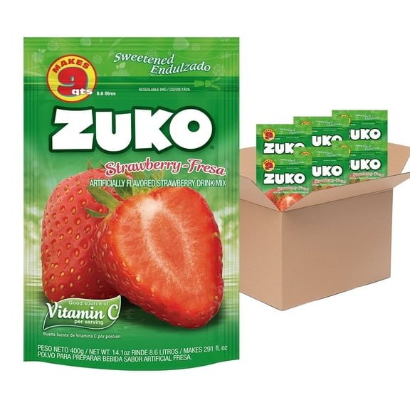 Zuko Strawberry Drink Mix Bag, 14.1 oz, Pack of 6, Fortified with Vitamin C, No Additional Sugar Needed