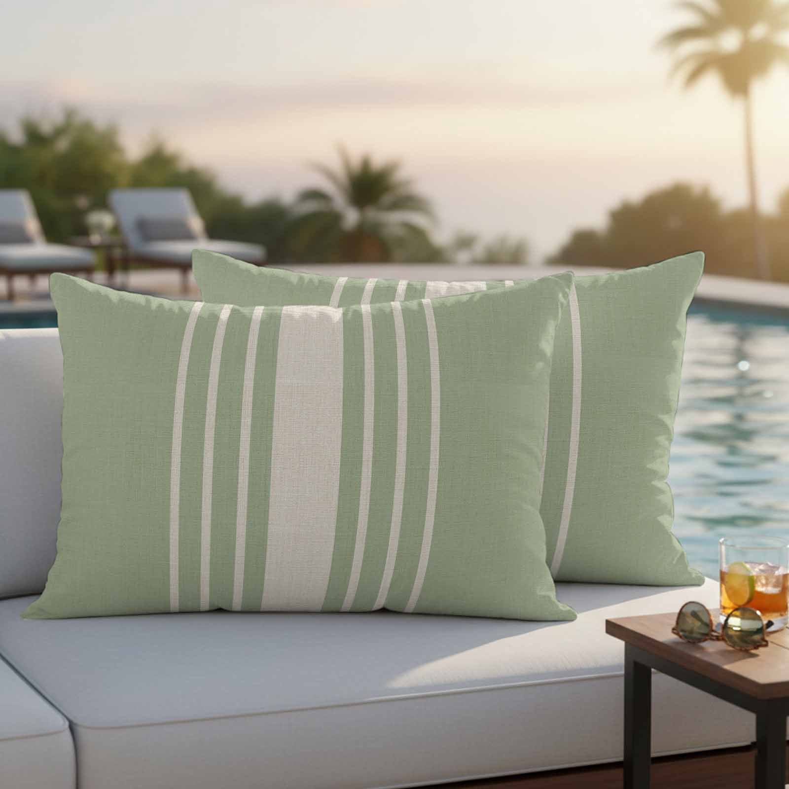 Sage Green Beige Striped Outdoor Waterproof Pillow Covers, Modern Farmhouse Retro Lines Decorative Rectangle Throw Pillowcase Sofa Cushion Sham for Patio/Couch/Chair, 20"x12" 2 Pack