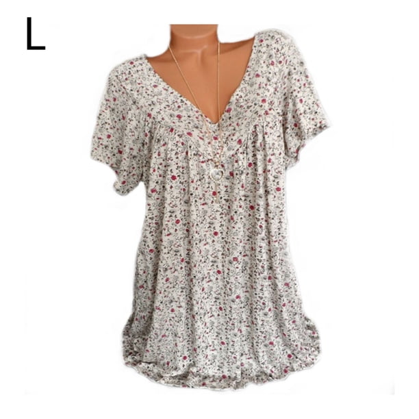 Camiseta de mujer con cuello en V, manga corta, camiseta de verano informal estampada, beige, L Scienceny AP001653-51
