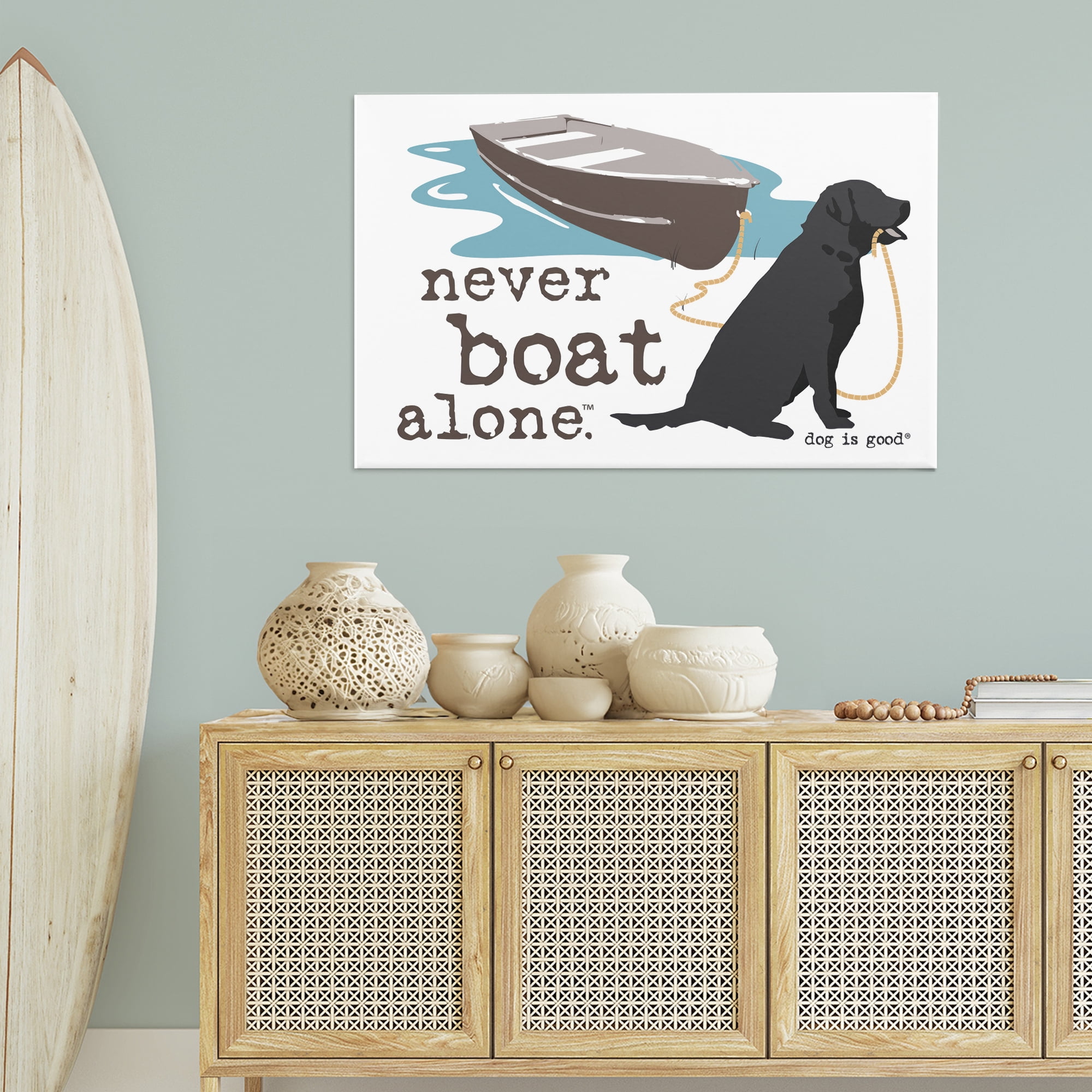 Stupell Industries Never Boat Alone Dog Animals Painting Wrapped Canvas Art Print Wall Art, 45 x 30