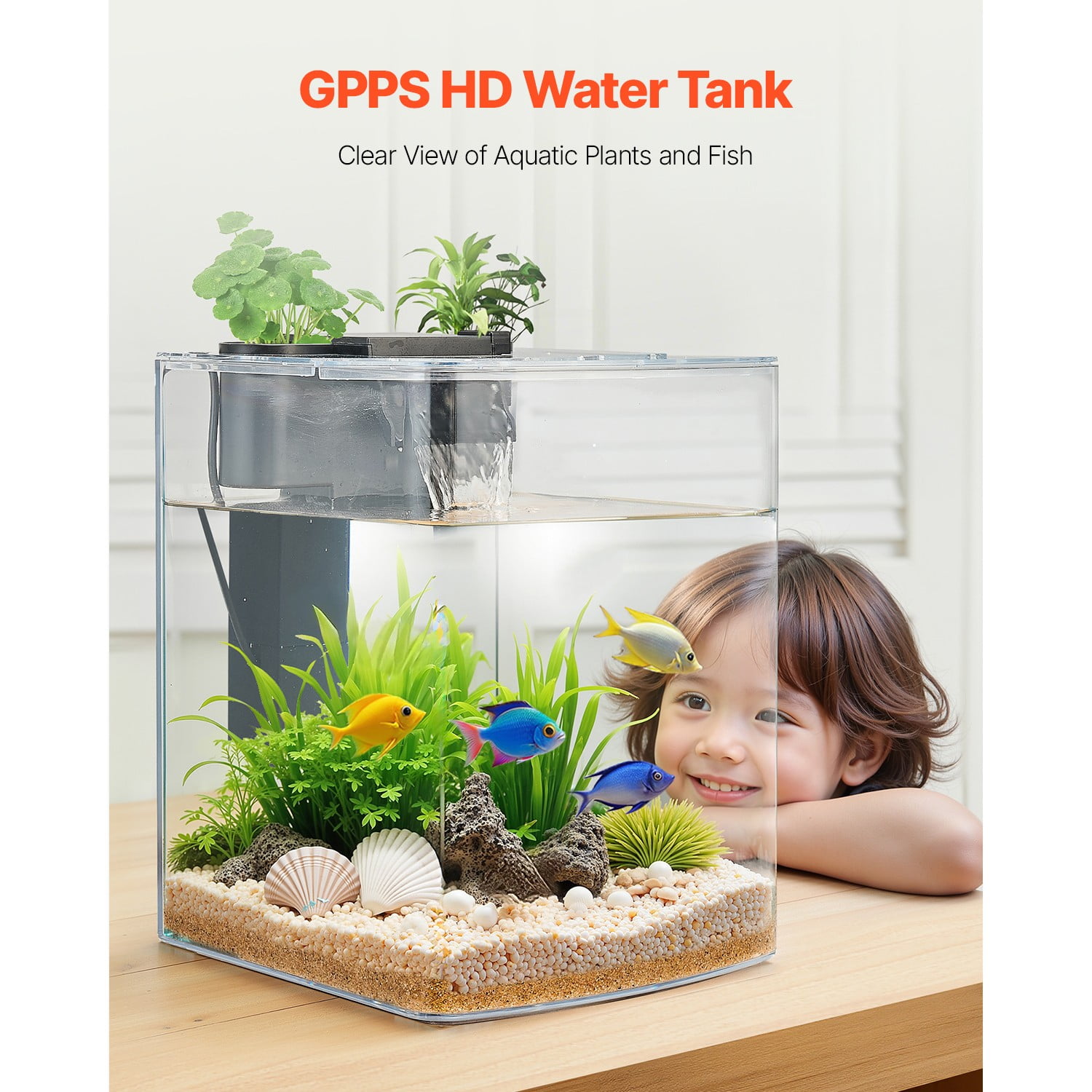 LINJH Small Fish Tank 2 gal Plastic Aquarium Starter Self Cleaning LED Light