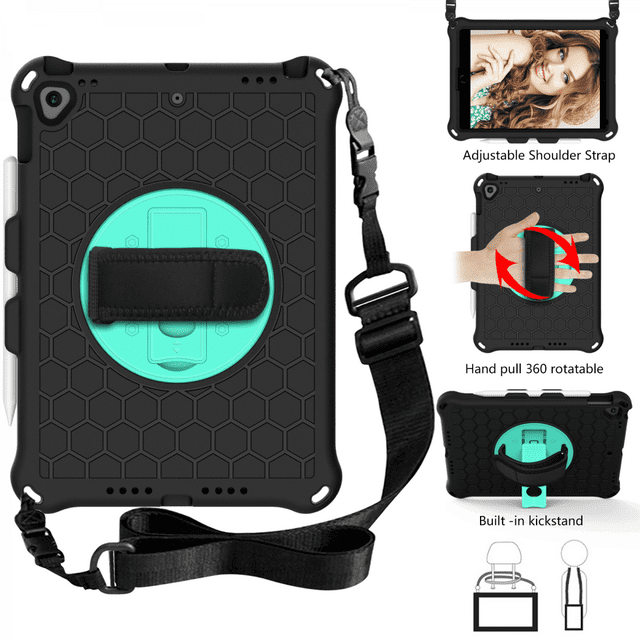 For 2019 iPad Air 10.5, iPad Pro 10.5" Case, Case with Screen Protector, Swivel Stand, Hand Strap & Shoulder Strap Pen Holder for Everyday Use - Blue+Green