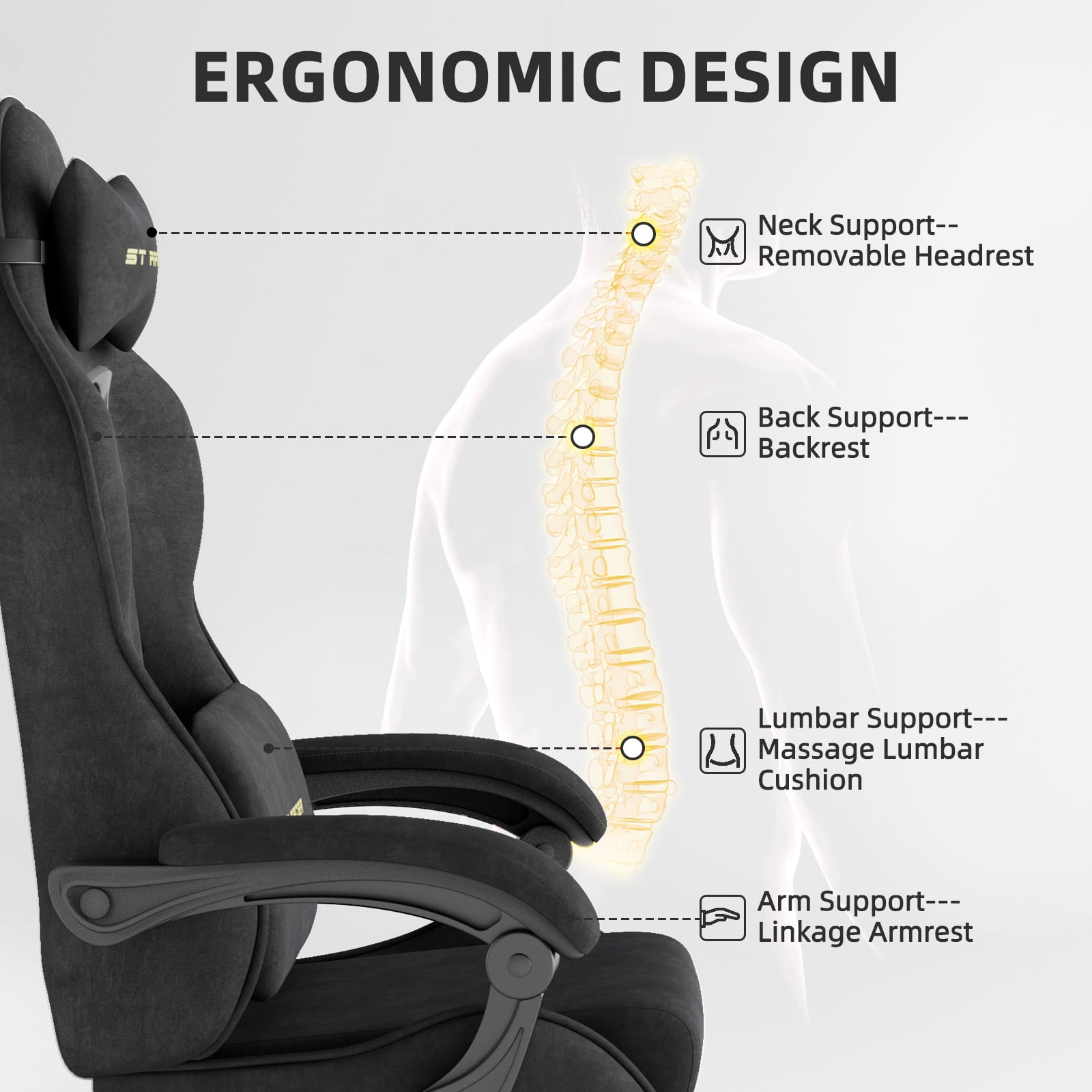 SOONTRANS Velvet Fabric Gaming Chair with Footrest, High Back Ergonomic Gamer Chair for Adult, Comfortable Video Game Chair with Massage Lumbar Cushion, Reclining Office Computer Desk Chair,Black