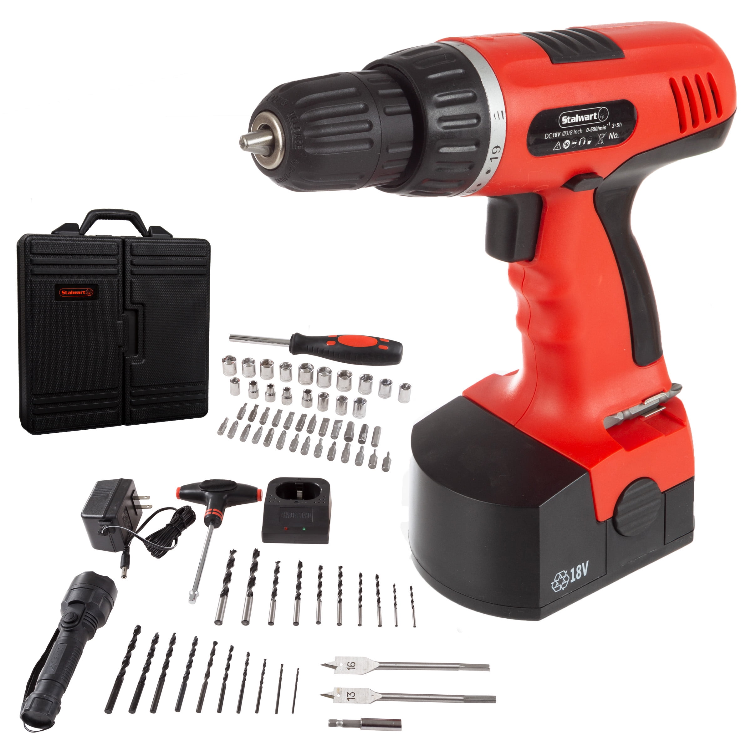 Stalwart 78PC 18V Cordless Drill Set with Bits, Sockets, and Drivers