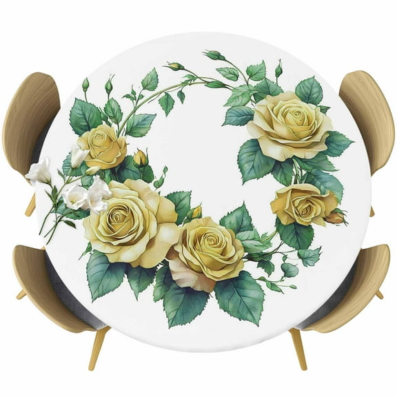 Yellow Rose Round Tablecloth 36-44 Inch Round Fitted Table Cloth with Elastic Edge, Flower Floral Spring Watercolor Green Leaf Waterproof Table Cover Protector for Outdoor Picnic Party Dining