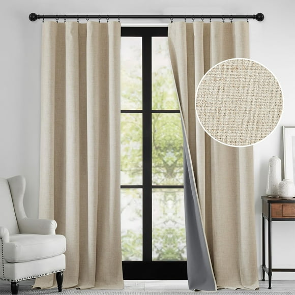 RYB HOME 100% Blackout Linen Textured Curtains 84 inches Long, Thermal Insulating Privacy Energy Saving for Bedroom Living Room Window Office Theater Dining Nursery, W 52 x L 84 in, Lin