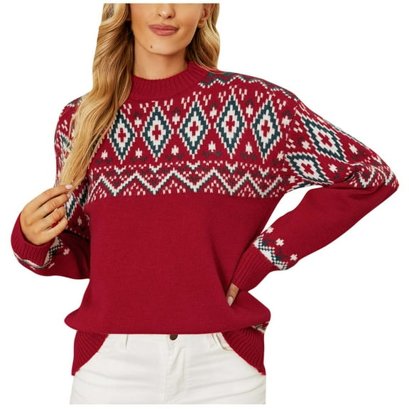 Luxalzxs Women's Round-Neck Christmas Snowflakes Print Vintage Pullover Knitting Sweater