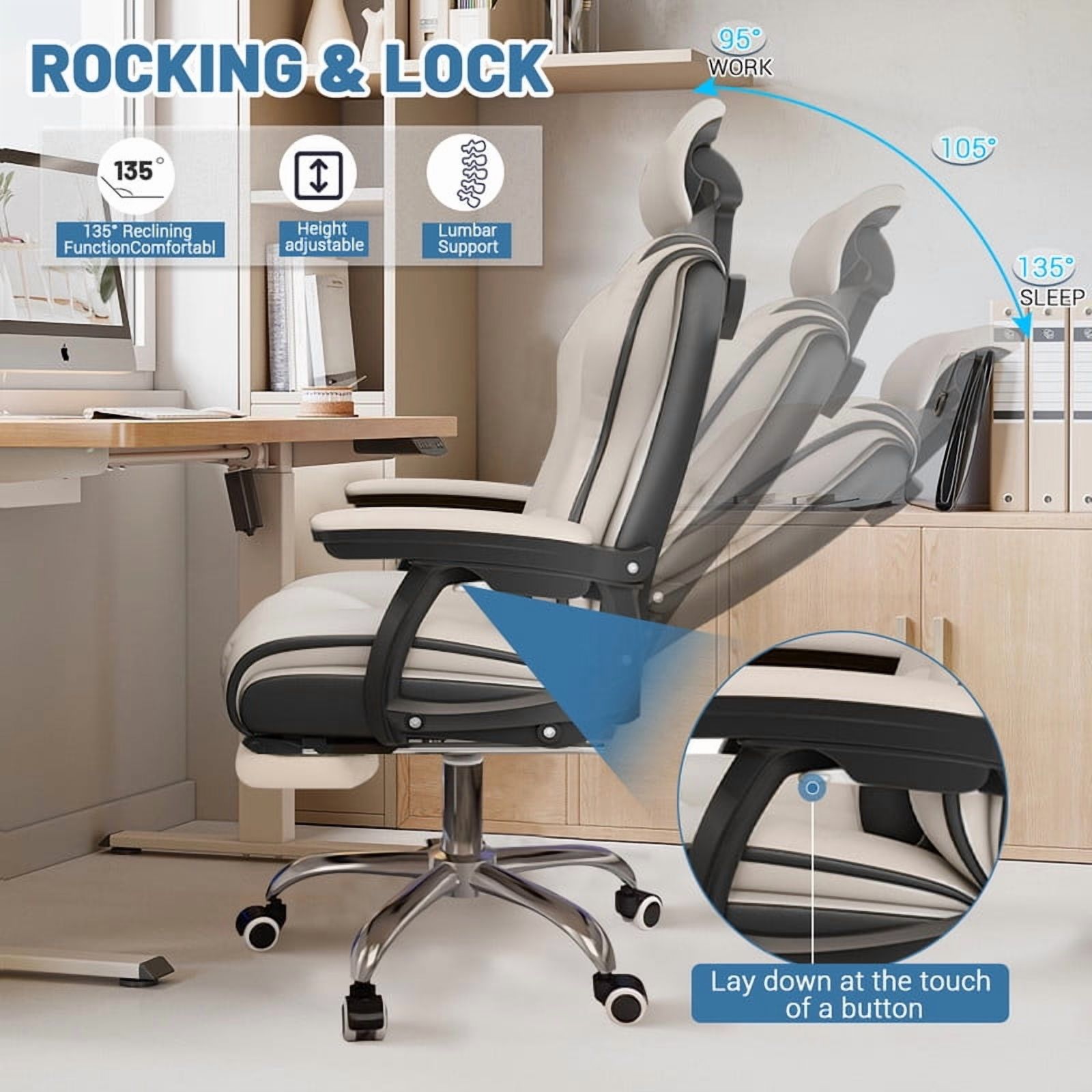 WXJHL Executive Computer Chair Home Office Desk Chair,Adjustable Angle, Ergonomic Adjustable Height PU Leather Chairs with Cushions Armrest for Long Time Seating-High Office Chair （White-Black）