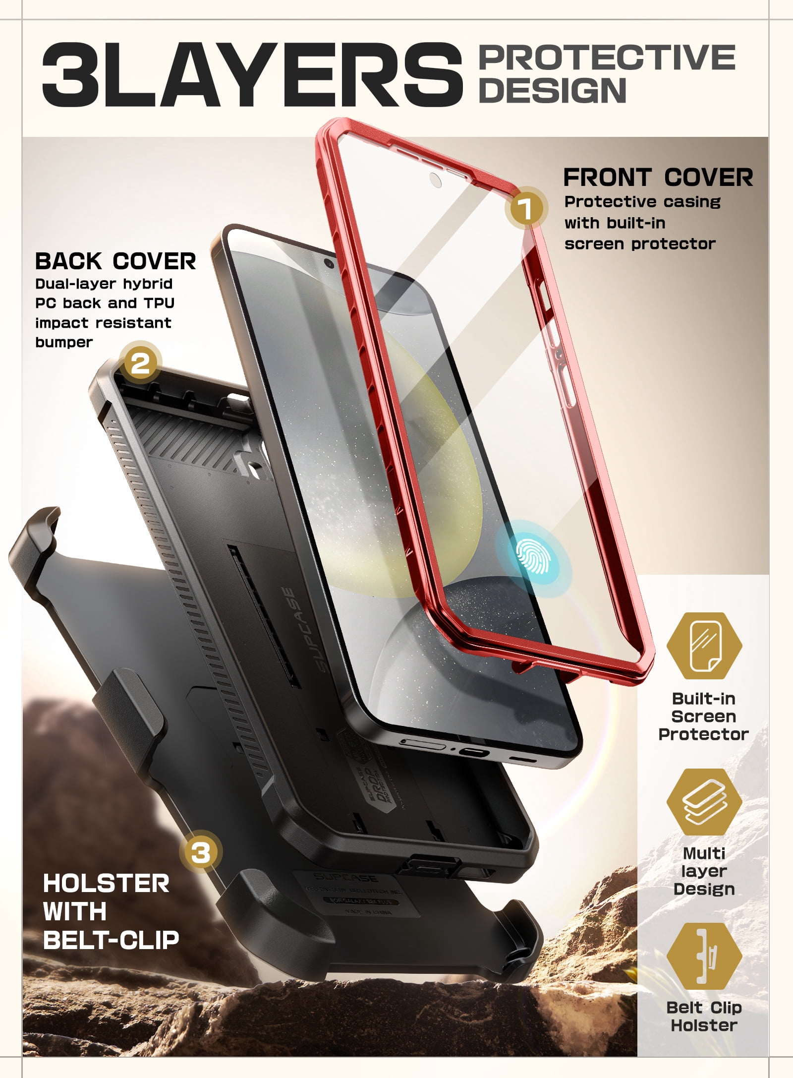 SUPCASE for Samsung Galaxy S25 Case with Stand, [Unicorn Beetle Pro] [2 Front Frames] [Built-in Screen Protector & Belt-Clip] Military-Grade Protection Phone Case Cover for Galaxy S25, Ruddy