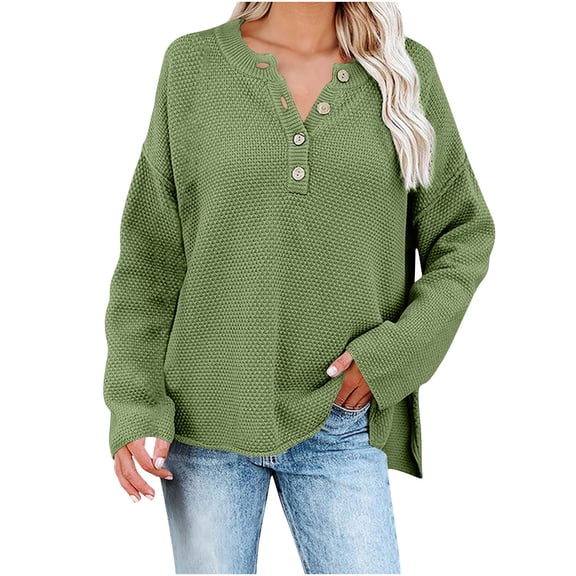Button Up Henley Neck Sweaters for Women Pullover Fall Winter Loose Long Sleeve Casual Knitwear Tops