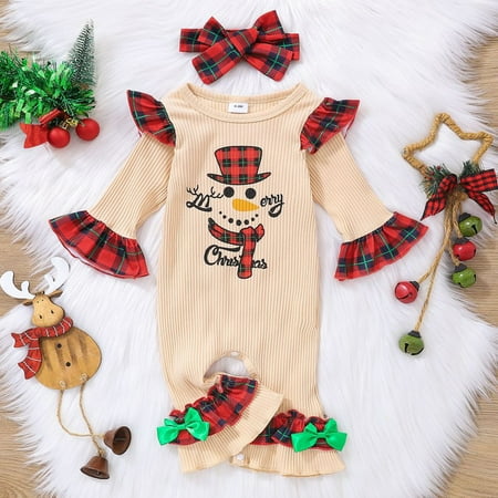 

Lovebay Baby Girls Red Plaid Snowman Christmas Jumpsuit Headband Outfits 6 Months