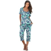 Roaman's Women's Plus Size Printed Henley Capri Set
