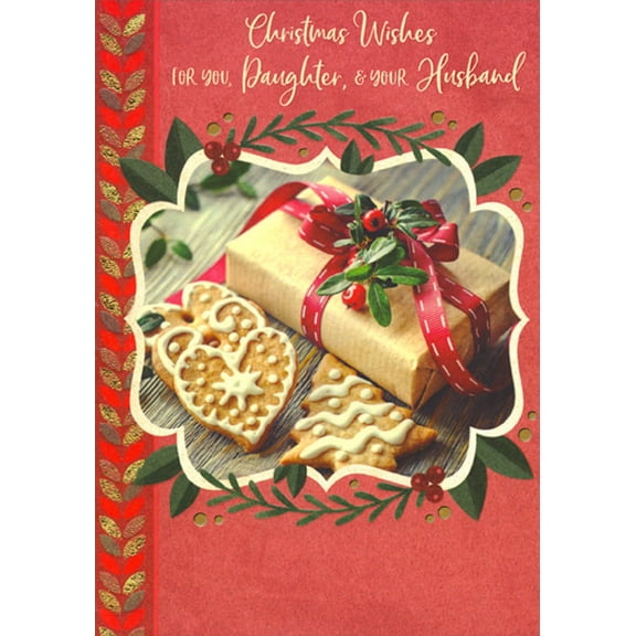 Designer Greetings Gift and Cookies Inside Scalloped Shaped Frame on Red Daughter and Husband Christmas Card