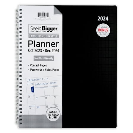 See It Bigger Monthly & Weekly Planner  October 2023 - December 2024 (9.75  x 11 ) Black