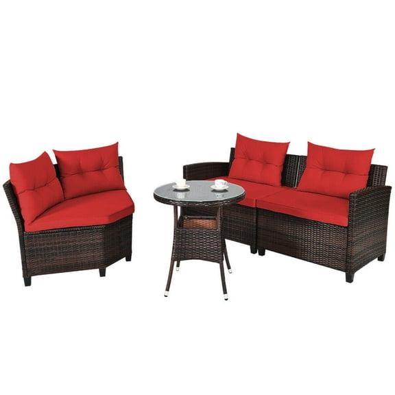 Canddidliike 4 Pieces Furniture Patio Set Outdoor Wicker Sofa Set, Furniture Sofa Set with Tempered Glass Coffee Table and Back Cushions, Patio Sofa Set for Outdoor, Red