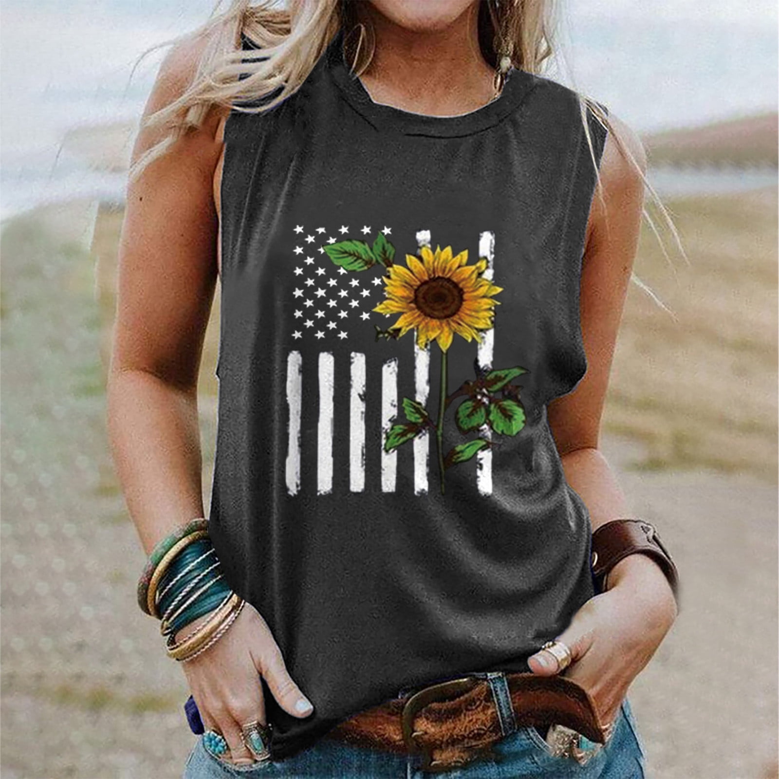 Rbaofujie T Shirts for Summer Women American Tank Tops Usa Flag Stars Printed Sleeveless T-Shirt Tee Tops Dark Gray Tank Clearance - Walmart.com