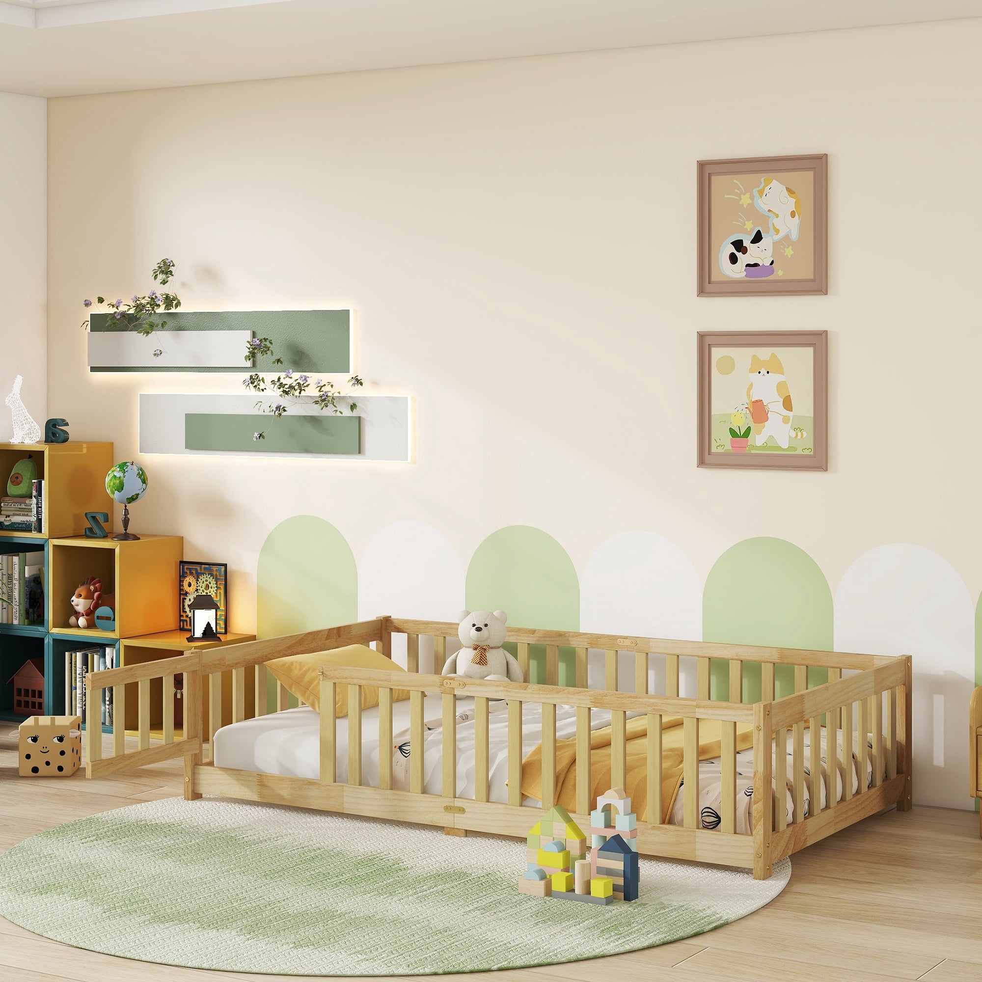 Alvantor Twin Size Floor Bed for Toddler, Solid Wood Floor Bed with Door and Fence Guardrail, Montessori Floor Bed for Boys, Girls,Natural