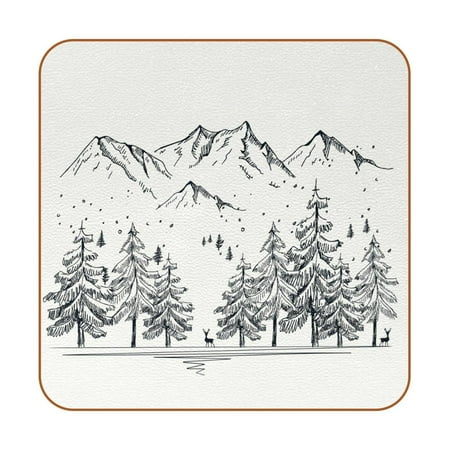 

OWNTA Hand Drawn Winter Mountain-01 Pattern Premium 6-Piece Square Coaster Set in Microfiber Leather - Non-Slip & Absorbent Cup Mats