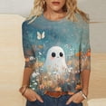 thumbnail image 2 of Xdegoge Women's Cute Halloween Shirts 3/4 Sleeve Crewneck Floral Ghost Graphic Tees Casual Fall Tops Lightweight Comfortable Pullover for Festive Autumn Everyday Wear, 2 of 5