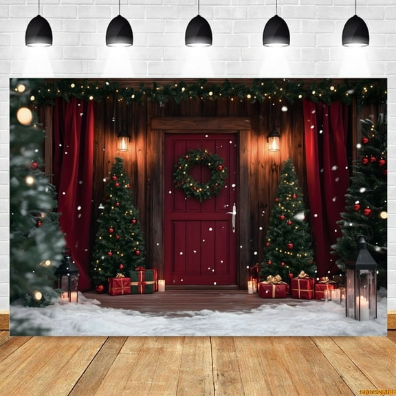 Christmas Red Barn Door Backdrop Farm Warehouse Snow Xmas Tree Light Gifts Kids Portrait Family Party Photography Background