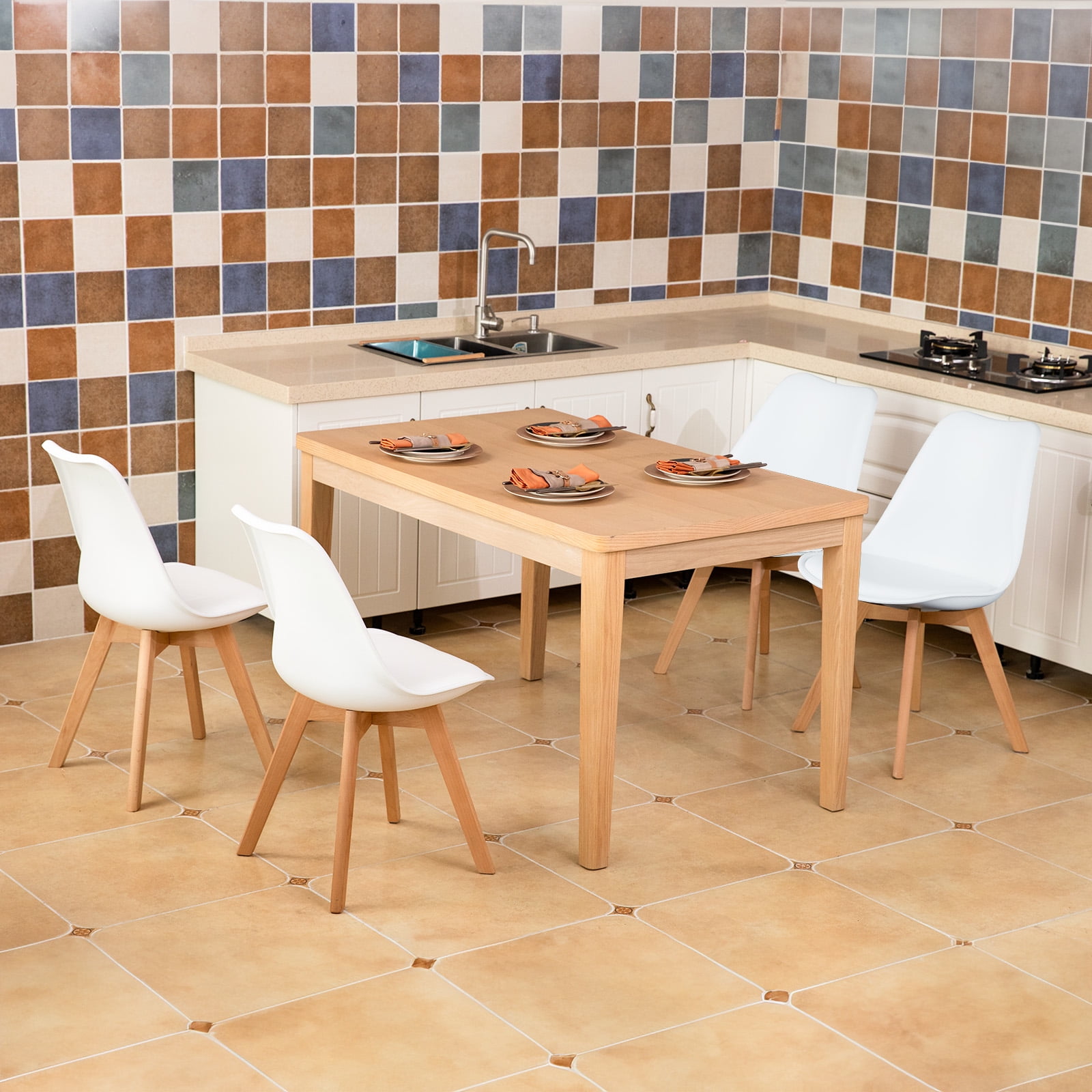JOINSUN Set of 4 Dining Chairs with Comfortable PU Leather Cushions and Sturdy Wooden Legs, White
