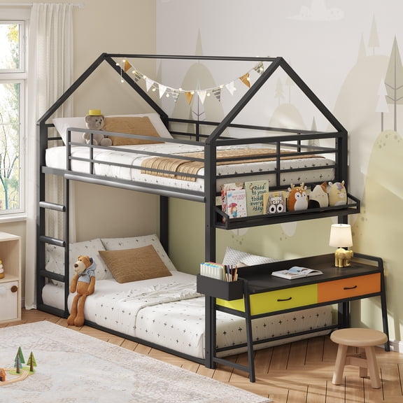 Low Bunk Bed Twin Over Twin with Desk, House Shaped Bunk Bed Frame with Bookshelf and 2 Drawers, Metal Floor Twin Bunk Beds with Full-Length Guardrail and Ladder for Dormitory and Bedroom, Black