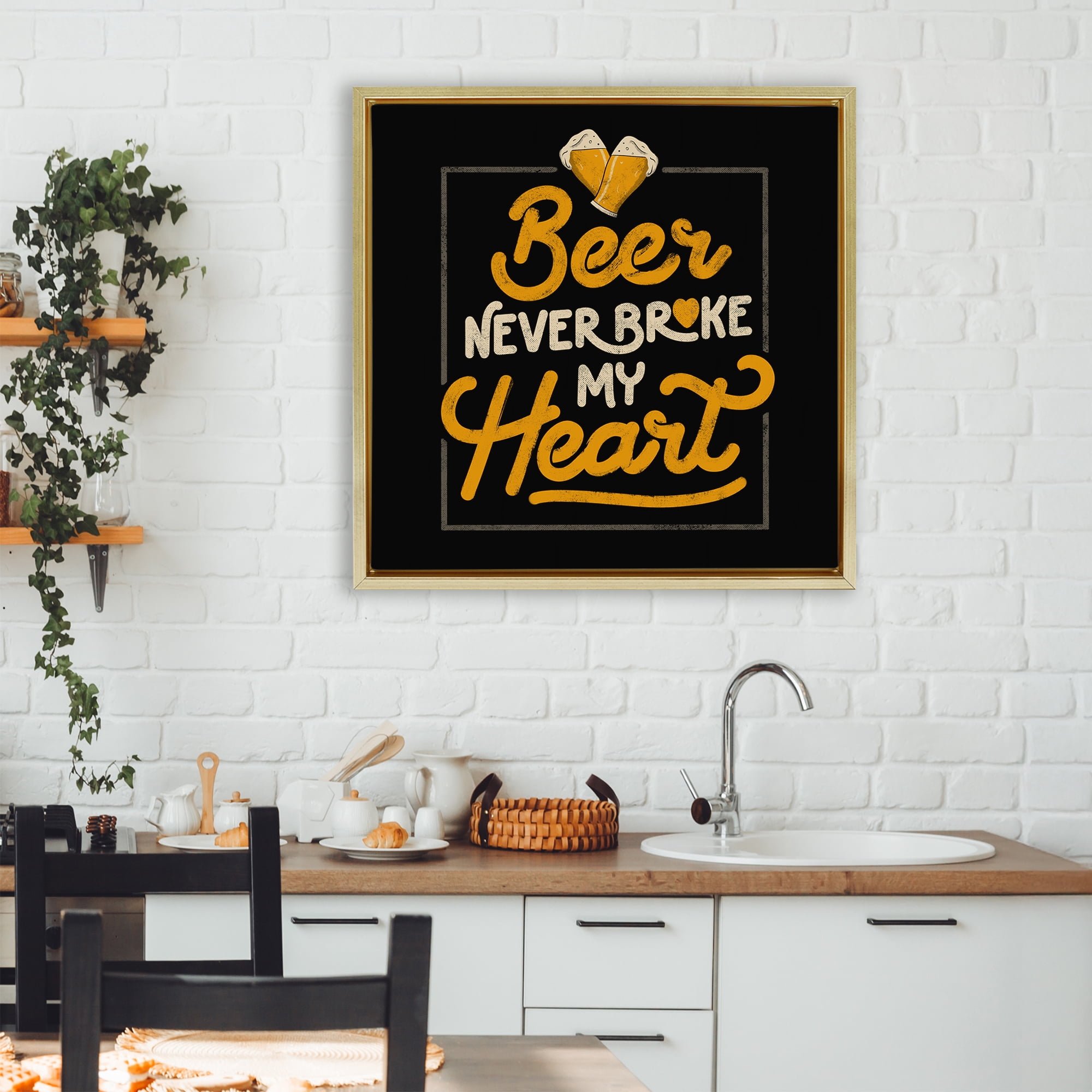 Stupell Industries Beer Never Broke My Heart Gold Framed Floater Canvas Wall Art, design by EduEly Designs