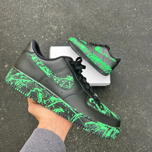 Air Force 1 Custom Mens Black Shoes, Radioactive Neon Green Splatter, Sneakers