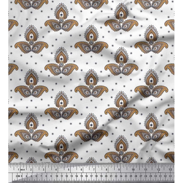 Soimoi Brown Moss Georgette Fabric Floral & Paisley Printed Fabric 1 Yard 42 Inch Wide