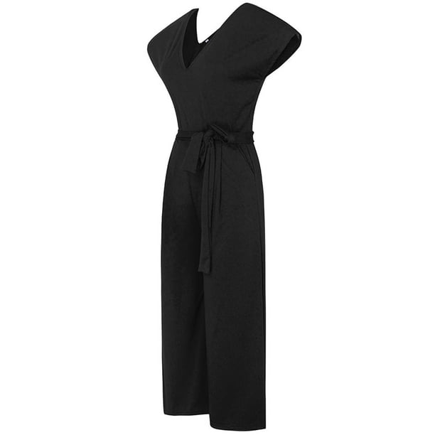 Women V-neck Jumpsuit Short Sleeve Solid Color Summer Playsuit