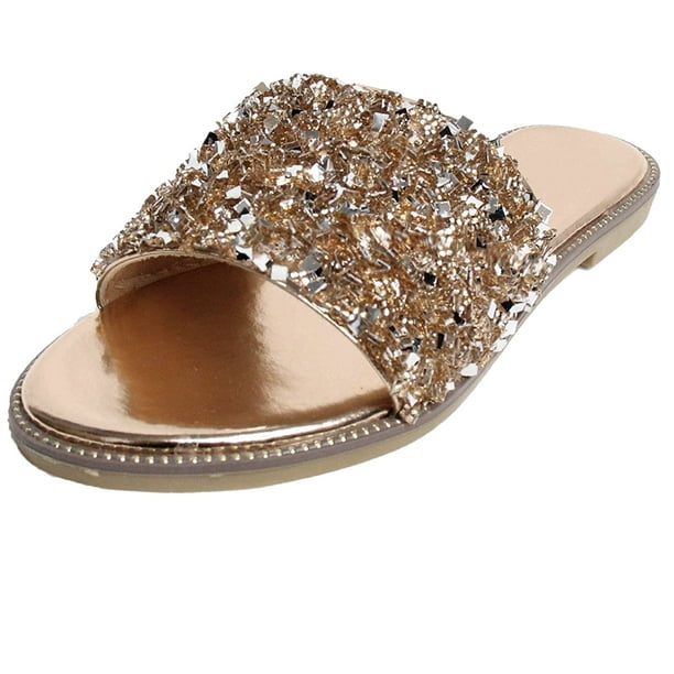 gold sparkle flat sandals