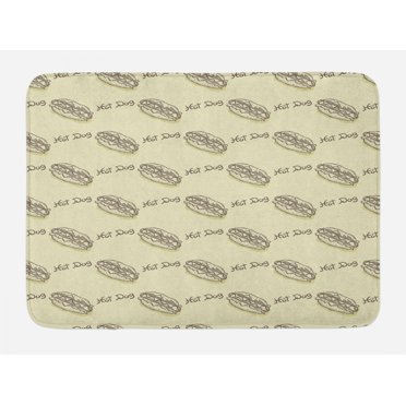 Hot Dog Bath Mat, Vintage Style Food Drawing with Hot Dog Calligraphy Delicious Sandwich, Plush Bathroom Decor Mat with Non Slip Backing, 29.5" X 17.5", Pale Khaki Dark Taupe, by Ambesonne