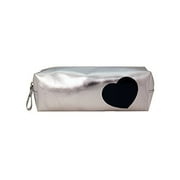 Mia Cosmetic Brush Bag, Pretty, Shiny, Metallic Silver W/Beautiful Black Patent Leather Heart, Water Resistant Lining, For Women, Girls, Travel, Pencils, Gift 1pc