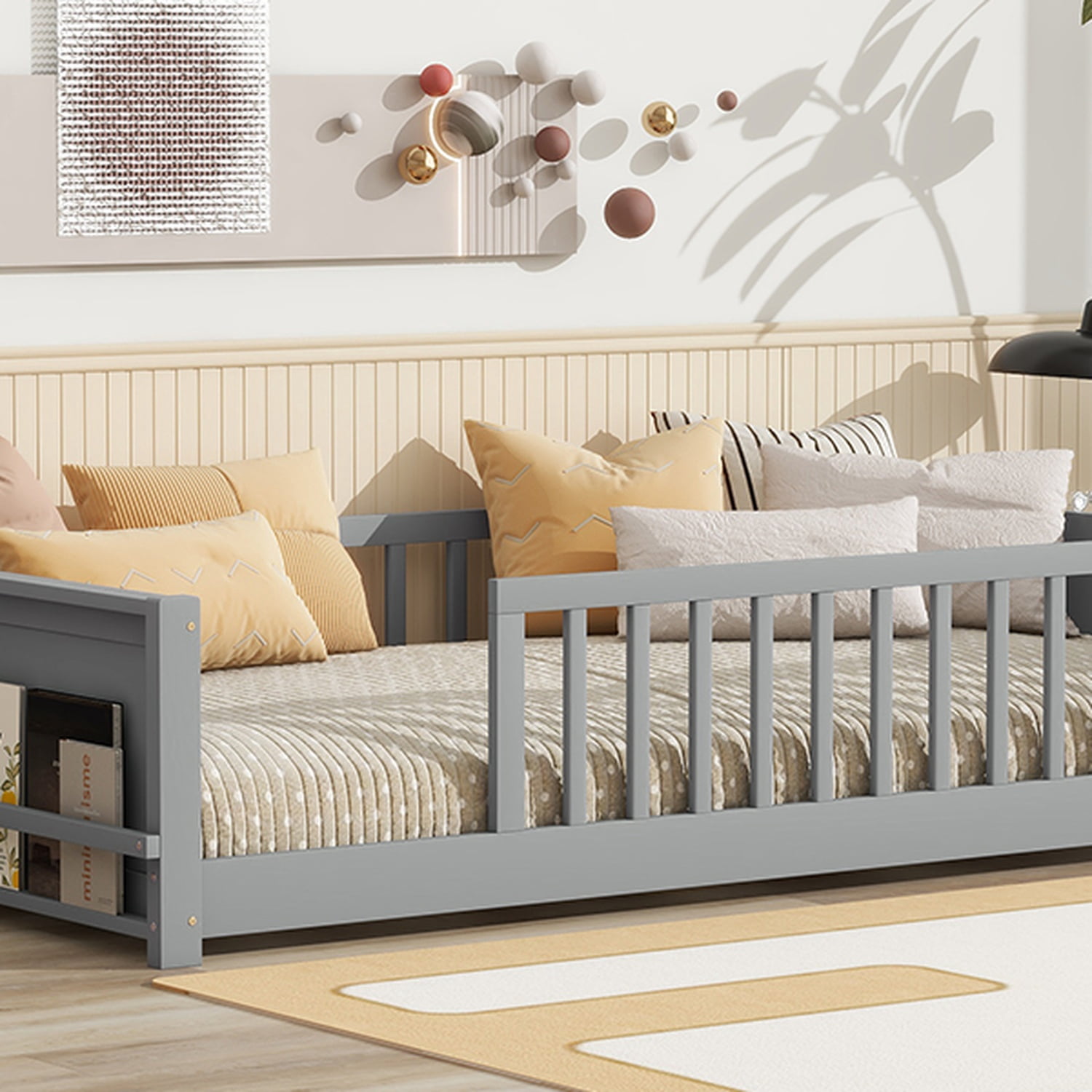Alvantor Montessori Floor Bed Twin Size for Kids, Toddler Wooden Platform Bed Gray