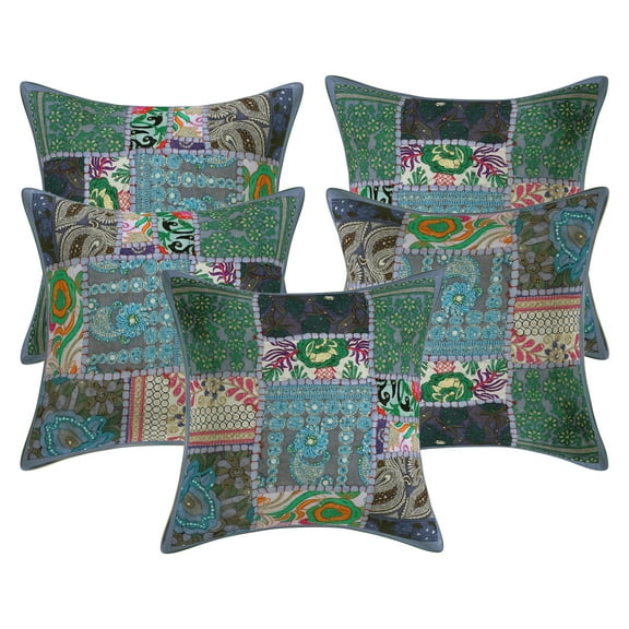 Stylo Culture Ethnic Cotton Home Decor Throw Pillow Covers Grey 12 x 12 Bohemian Vintage Patchwork Ethnic Sofa Cushion Covers 30x30 cm Living Room Abstract Square Pillow Cases | Set Of 5