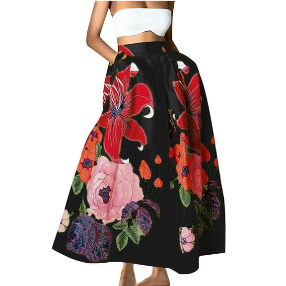 EINCcm Women's Boho Floral Printed Maxi Skirt Summer Beach High Waisted Mopping Floor Length A Line Long Skirts with Pockets