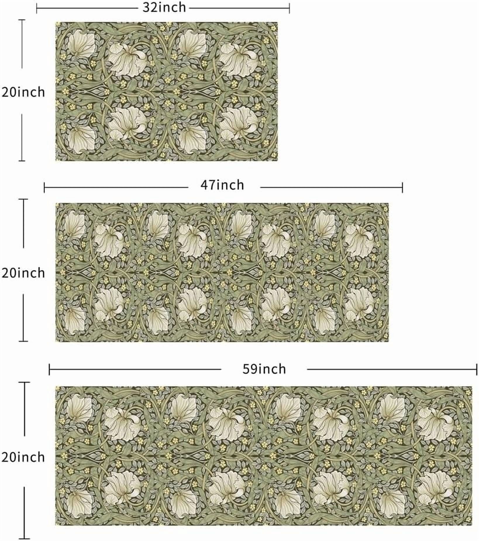 William Morris Vintage Floral Kitchen Rugs Sets of 3,Non Slip Rubber Kitchen Mats for Floor Farmhouse Washable Kitchen Area Rugs Floor Carpet Runners for Hallway Laundry Room,Sage Green/Yellow