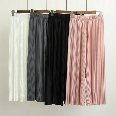 

Taluosi Women Solid Color Pleated Wide Leg Pants Elastic Waist Cropped Trousers Culottes