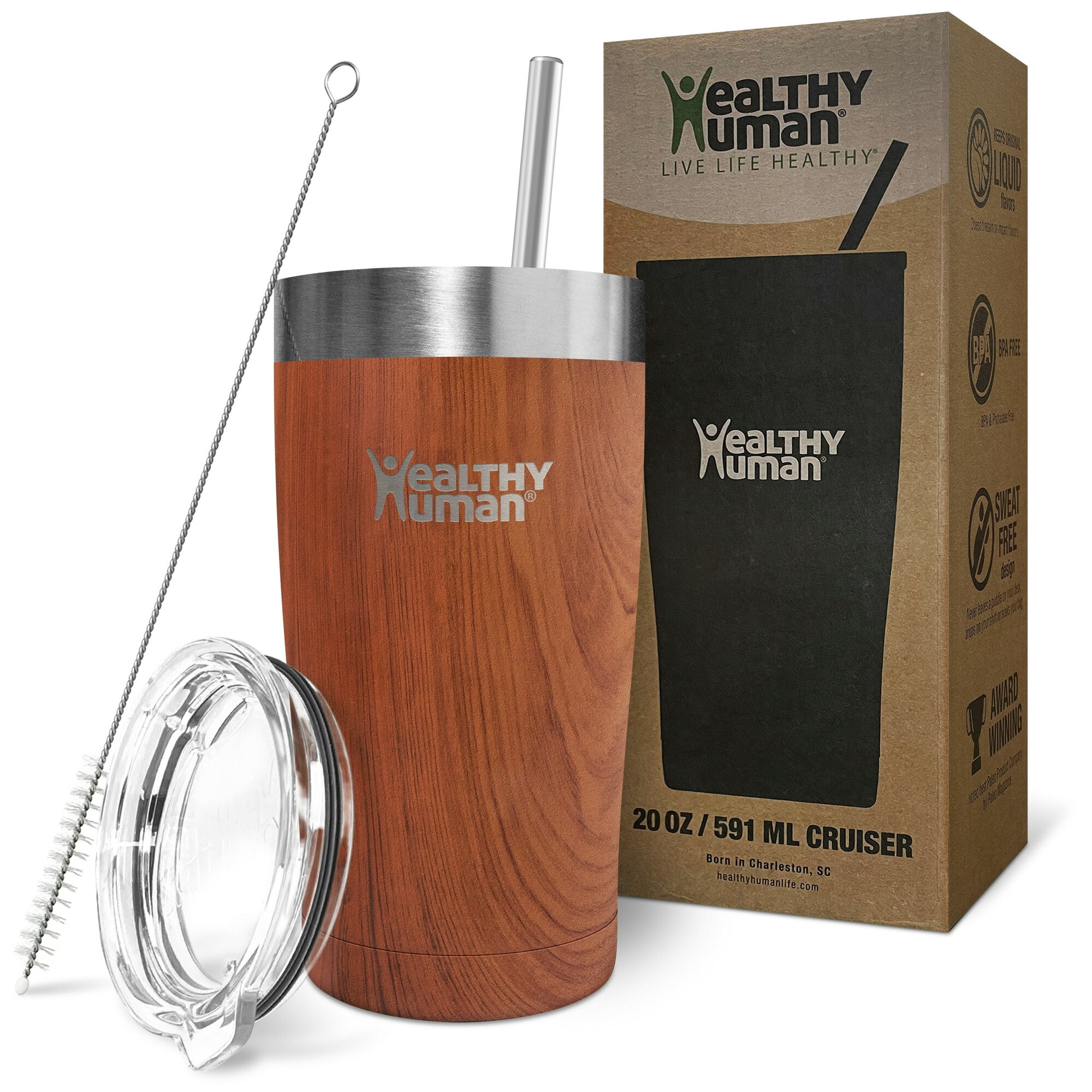 Healthy Human Stainless Steel Tumbler with Straw & Lid | Splash Proof Insulated Travel Cup | Eco-Friendly Coffee Tumblers | Water Cups with Straws Cleaner and Splash Proof Lids (20oz, Natural Wood)