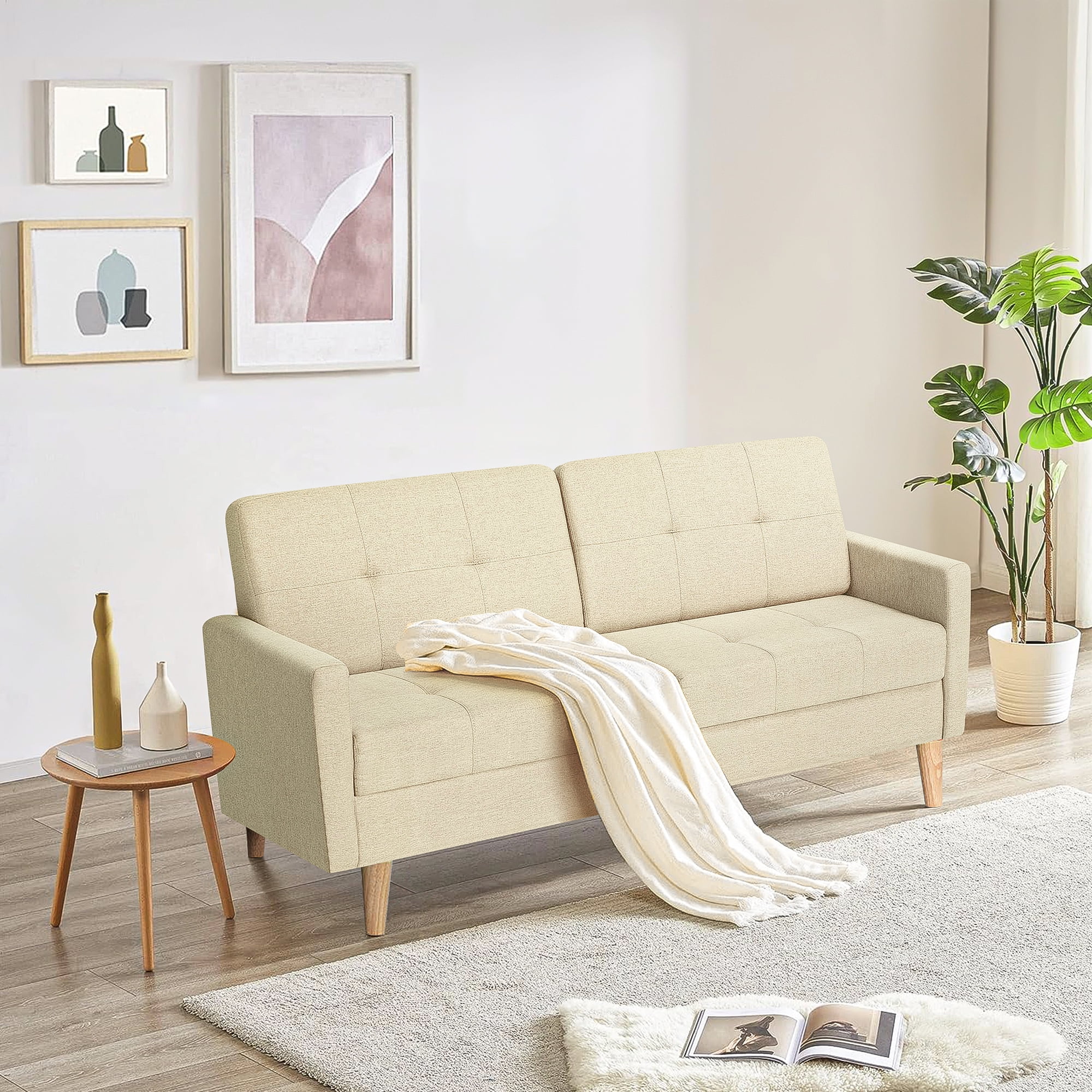 Kadyn Loveseat Sofa Bed, Mordern Convertible Sofa with Adjustable Backrest and Wooden Legs, 2-Seat Couch for Bedroom, Beige Kadyn Loveseat Sofa Bed, Mordern Convertible Sofa with Adjustable Backrest and Wooden Legs, 2-Seat Couch for Bedroom, Beige
