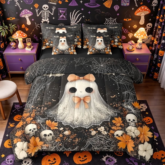 Manfei Halloween Cute Bow Ghost 7-Piece Twin Bedding, Sugar Skull Bat Flower Bedding Comforter Set, Black Orange White,Black Reversible
