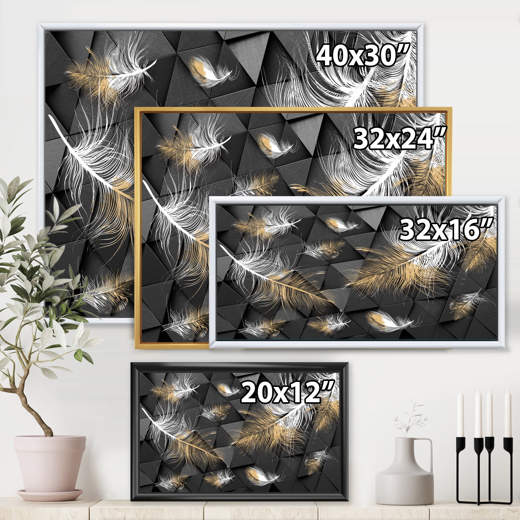 Designart 'Gold and White Feathers On Triangular' Modern Framed Canvas Wall Art Print