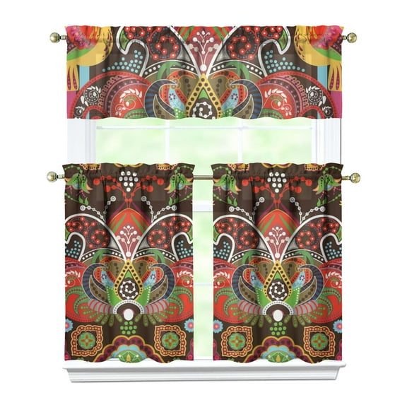 3 PCS Kitchen Curtains Set - Paisley Boho Vintage Tier Curtains with Valance, Semi-Sheer Rod Pocket Window Panels for Farmhouse, 54x18   2x27.5x36 Inch