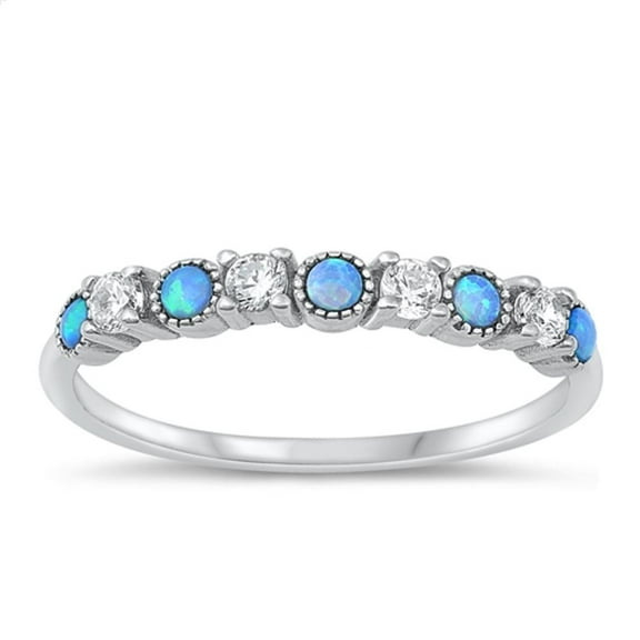 CHOOSE YOUR COLOR White CZ Blue Simulated Opal Ring .925 Sterling Silver Stacking Band Female Size 7