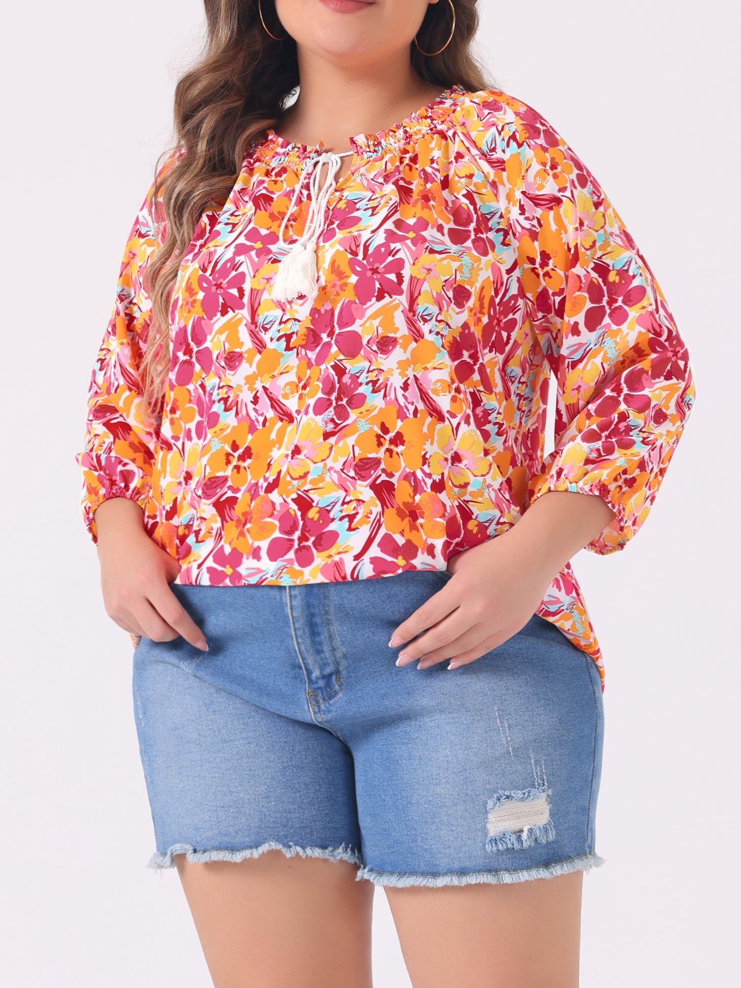 DARING DIVA Women's Plus 3/4 Sleeves Self Tie Neck Floral Blouse 1X Orange