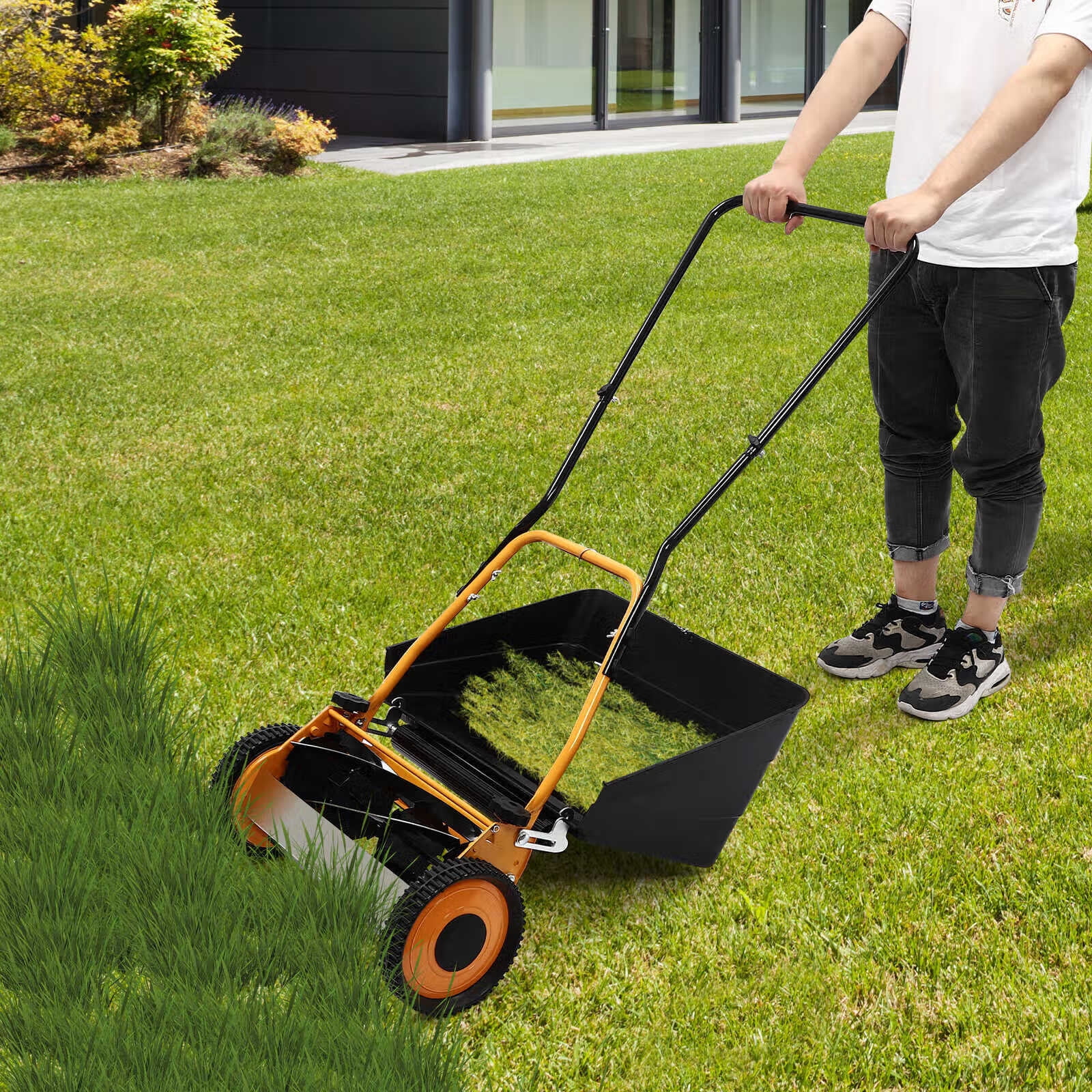Aiqidi 16 inch Push Lawn Mower Adjustable Height Manual Push Reel Lawn Sweeper with 4 Blades Collection Bag for Yards Sidewalks Orange