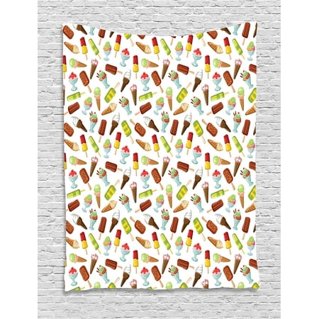 Chocolate Whip Cream - Ice Cream Tapestry, Frozen Desserts in Wafer Cone Glazed Eskimo with Whipped Cream Chocolate Sundae, Wall Hanging for Bedroom Living Room Dorm Decor, 40W X 60L Inches, Multicolor, by Ambesonne