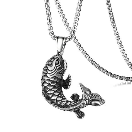 Unisex Vintage Koi Fish Amulet Pendant Necklace, Stainless Steel Lucky Charm with 24" Box Chain