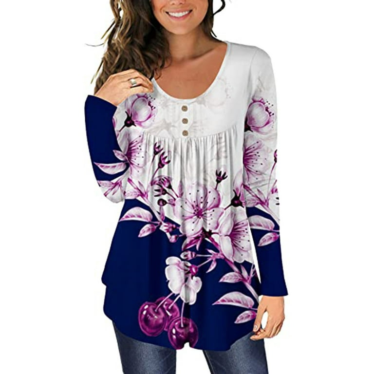 Comfy Flowy Pleated Long Shirt Dressy Long Sleeve Shirts Tunic Tops to Wear  with Leggings Plus Size Tops for Women Henley Solid White L