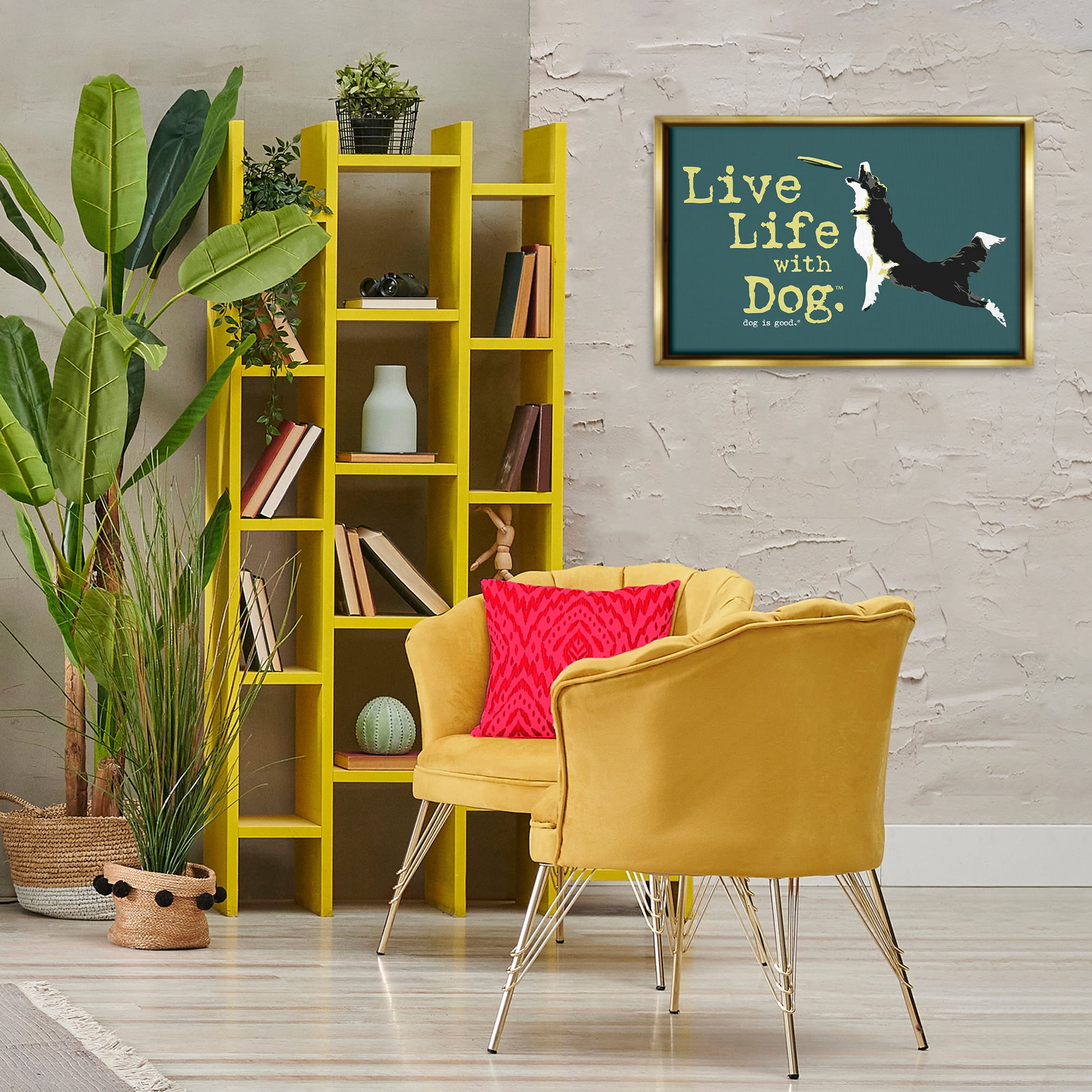 Stupell Industries Dog Playing Fetch Phrase Animals Painting Gold Floater Framed Canvas Art Print Wall Art, 25 x 17